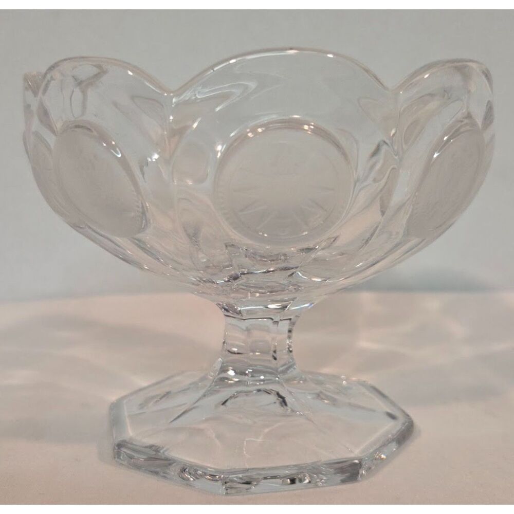 Vintage Clear Pressed Glass Pedestal Bowl Crown Medallion Candy Dish